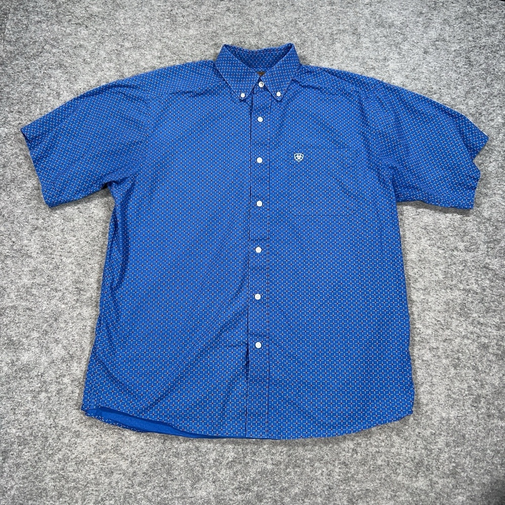 Ariat Shirt Mens L Blue Geometric Button Up Short Sleeve Stretch Western Cowboy